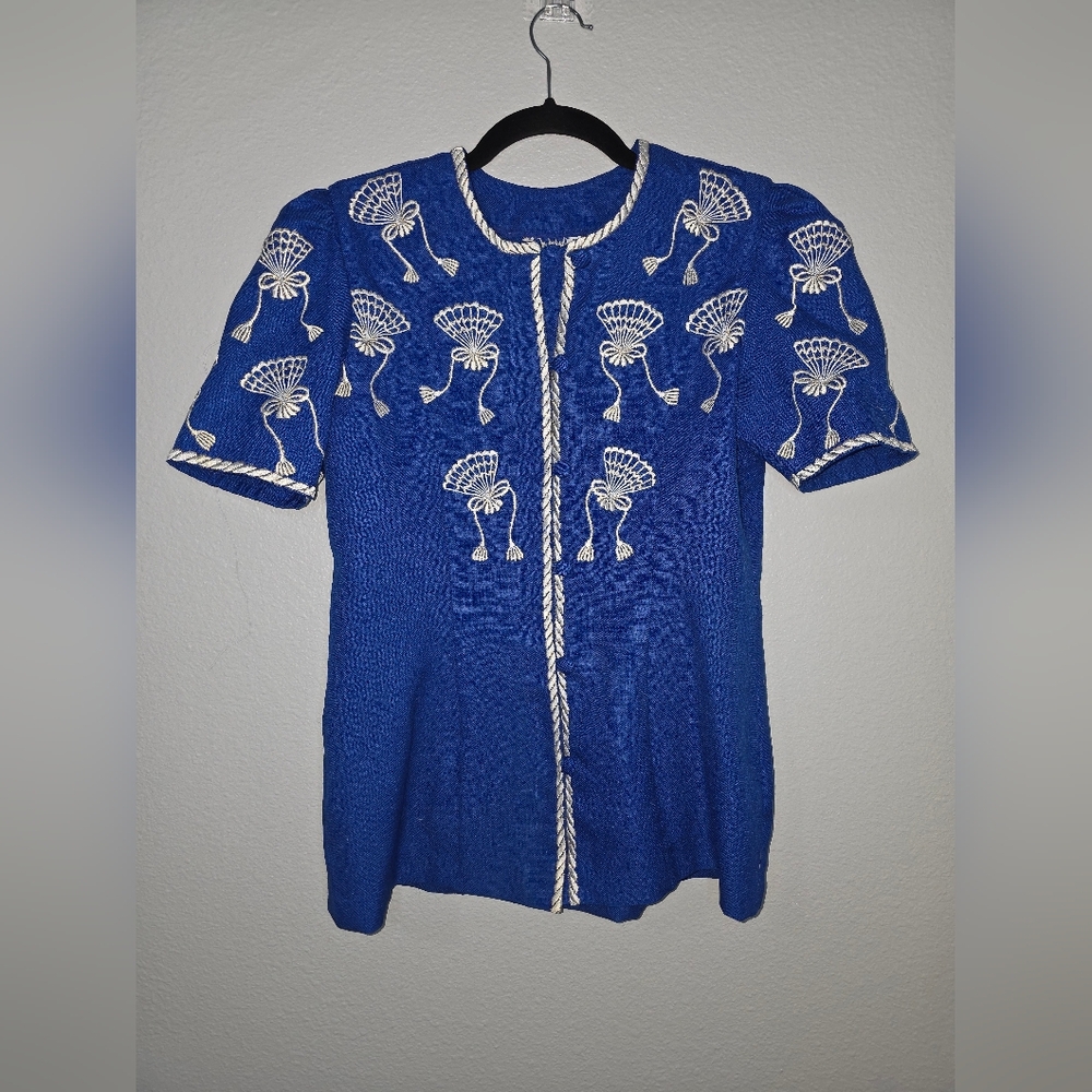2 Piece Blue Top with White Embroidery and Matching Skirt